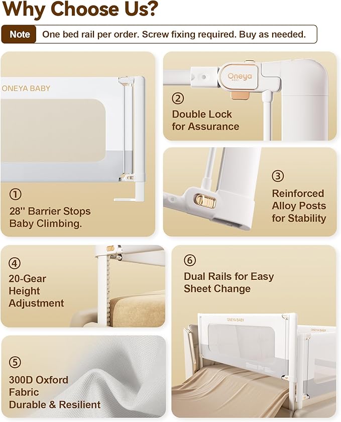 Bed Rail for Toddlers,Thickened & Reinforced Baby Bed Rail Guard for Full Bed with Double Child Lock, Upgraded Toddler Bedrails with Height Adjustable, White/Grey, 1Side 54" Lx28 H