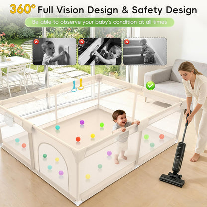 Baby Playpen with Mat 79x71inch - Extra Large Play Pen for Babies and Toddlers Indoor & Outdoor Baby Playard with Soft Breathable Mesh Cover - Sturdy Foam Infant Gate Playpen(Apricot)