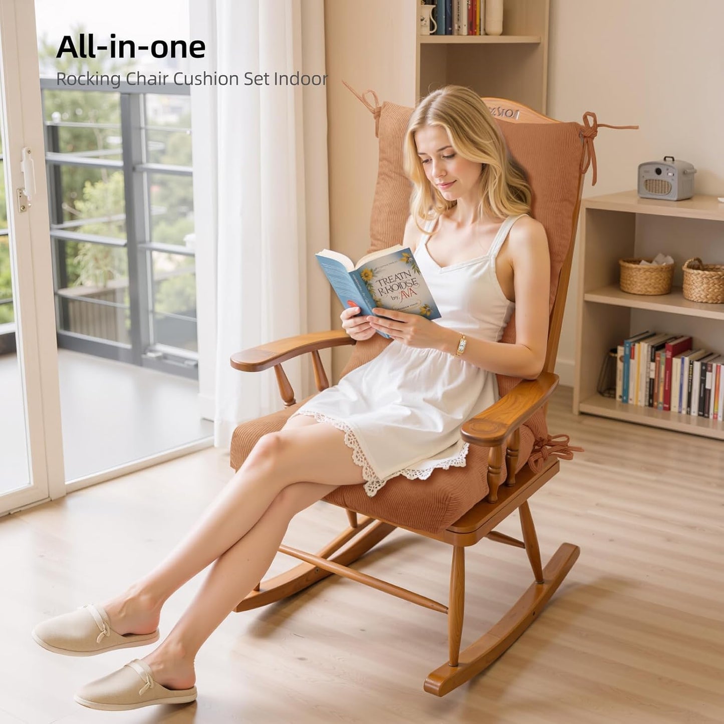 Millsilo Rocking Chair Cushions 3-Piece Set with Neck Pillow, Indoor Rocker Comfortable Tufted Non-Slip Pads with Ties, High-Density Foam Cushion for Adirondack Glider Chair, Orange, 52 x 19 x 4 Inch