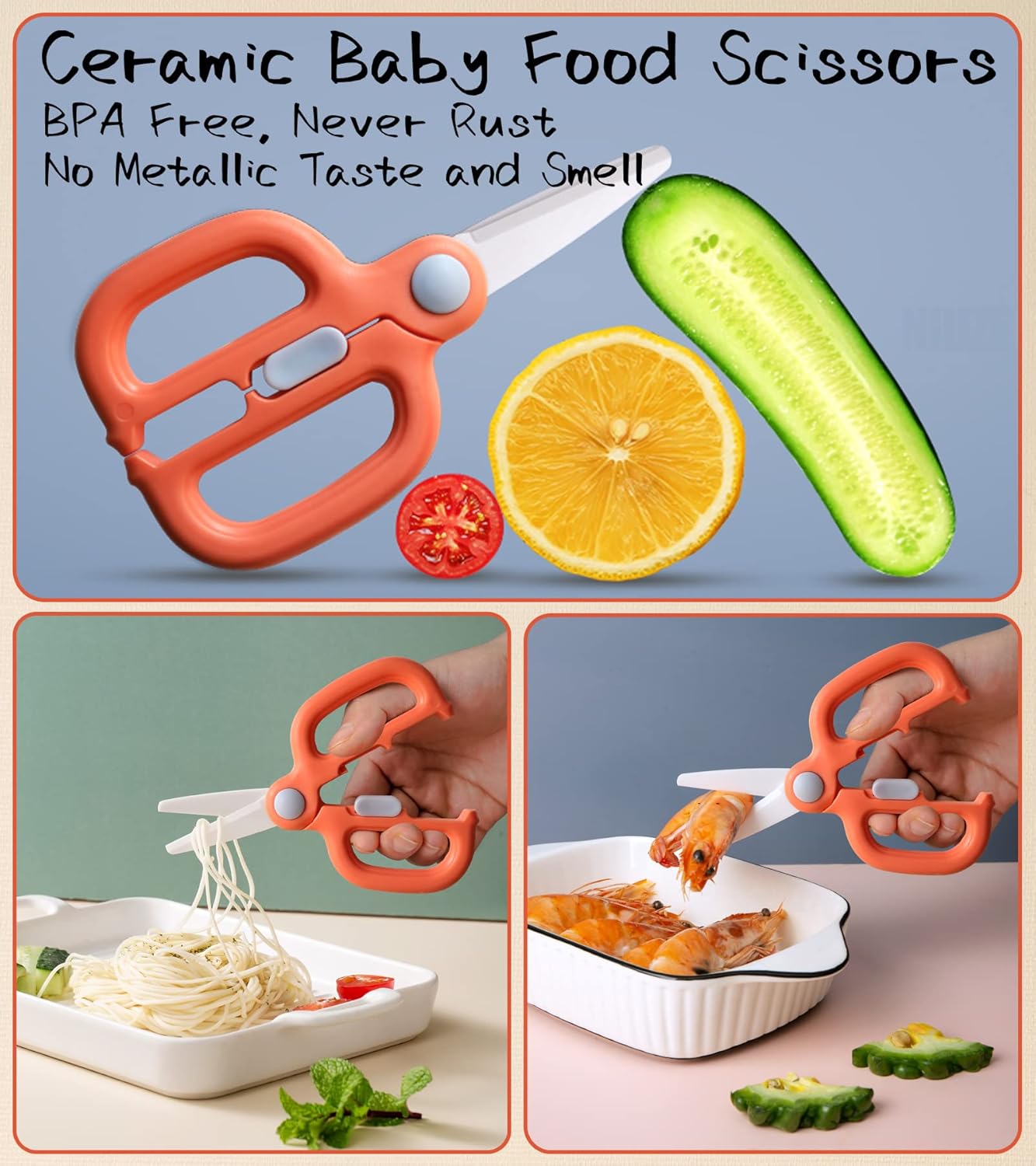 Baby Food Scissors with Travel Case, Ceramic Food Scissors Kids, Toddler Scissor with Safety Lock, Ideal for Pizza, Meats, Noodles, Vegetables, and Fruits (C)