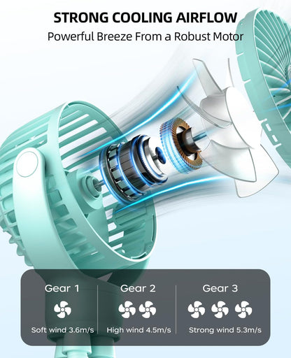 Portable Stroller Mini Fan, Small Rechargeable Personal Fan, Baby Travel Essentials for Wagon, Car Seat, Treadmill, Battery Powered Biking Gear Accessories, 360° Rotation, 3-Speed, Display, Black