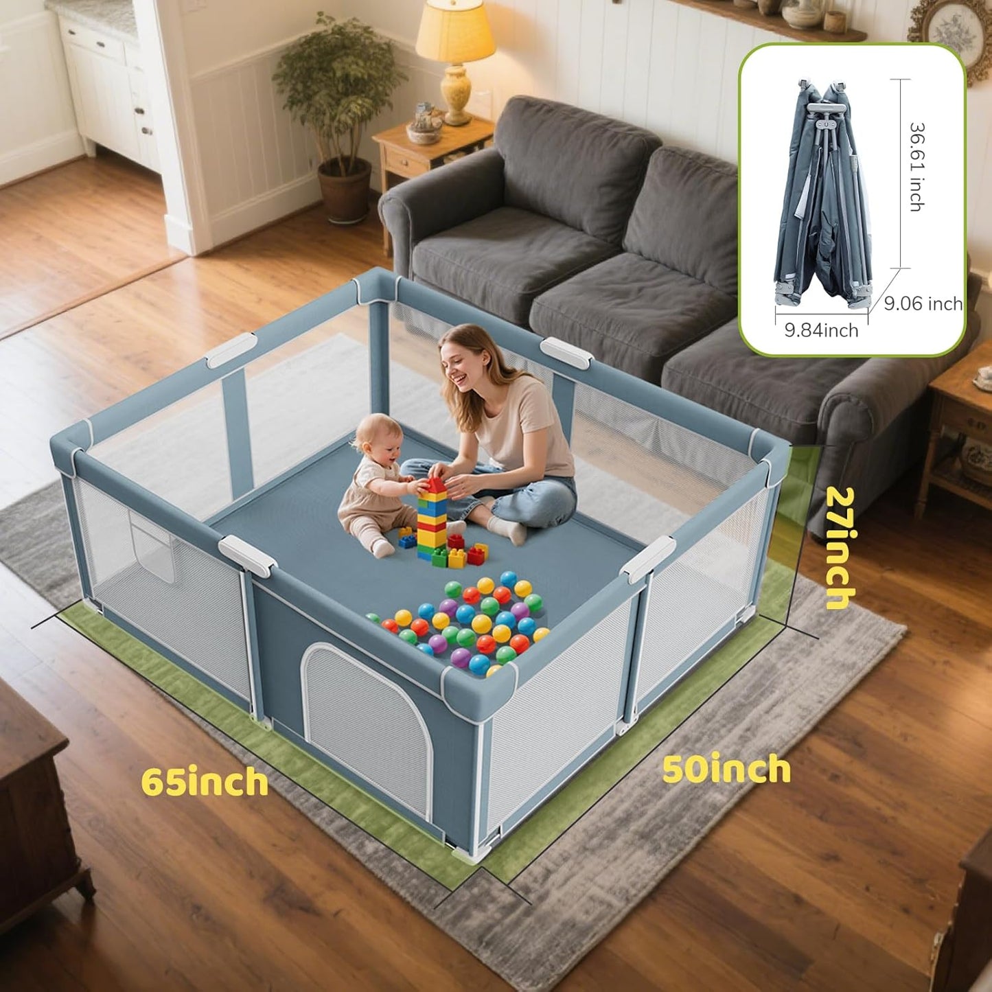 Foldable Baby Playpen - 71"×59" Collapsible Play Pen for Babies and Toddlers - Indoor Outdoor Foldable Play Yard with 4 Handles - Folding Baby Playpen with Bag Portable Travel Play Yard