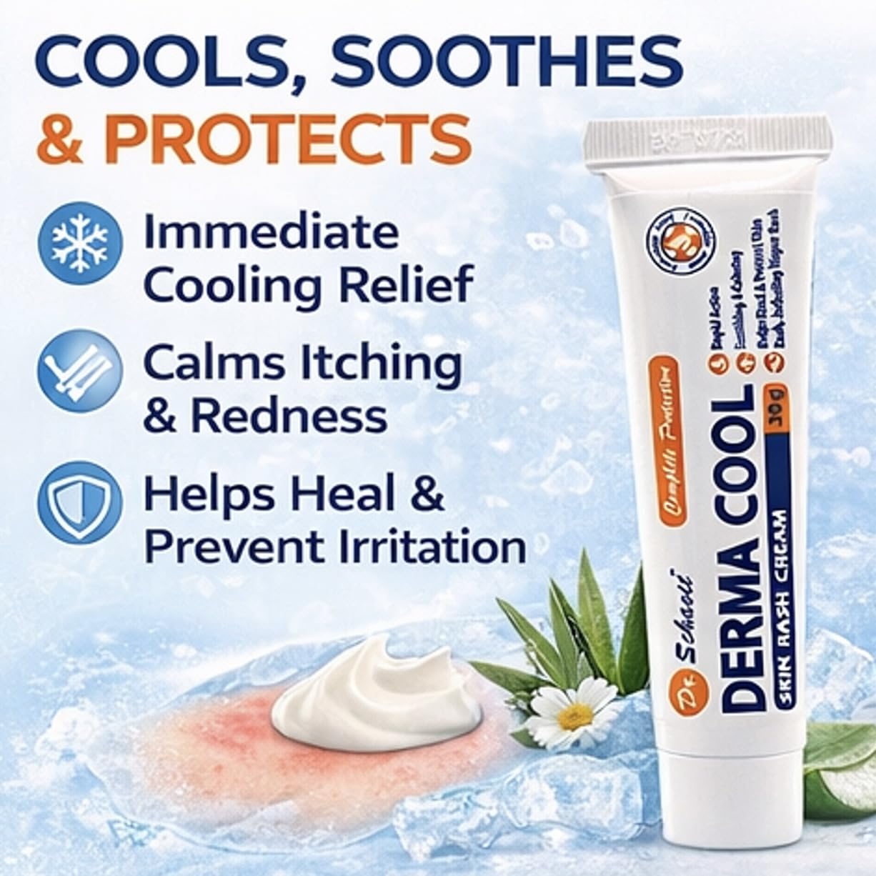 Derma Cool Skin Rash Cream – Rapid-Action Soothing Relief for Red, Irritated, Dry Skin & Diaper Rash – Helps Heal, Protect & Prevent Rashes. Intensive Care Formula 30g