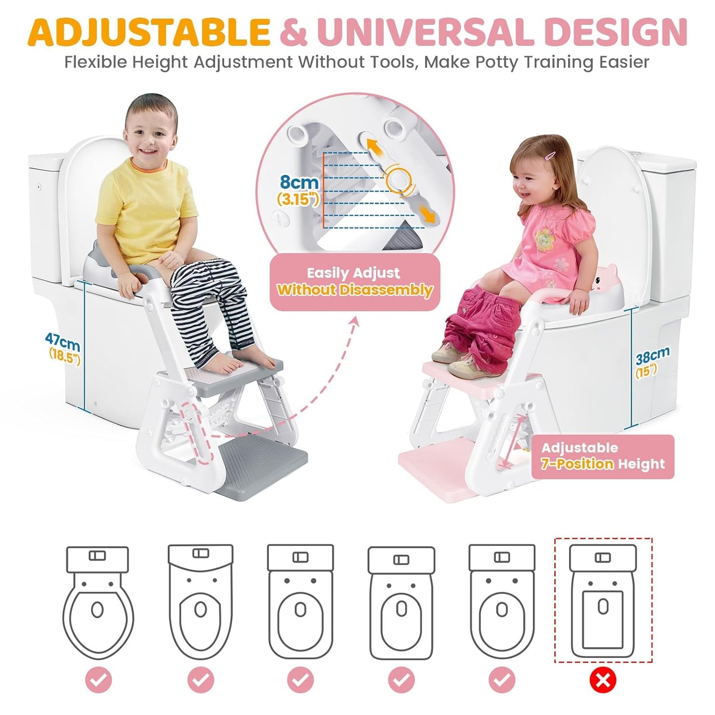 Orzbow Potty Training Seat | Upgrade Toddler Potty Training Toilet with Step Stool, 2-in-1 Stability Toilet Seat for Boys Girls | with Splash Guard, Anti-Slip Pad, Ladder, and Height Adjustable, Pink