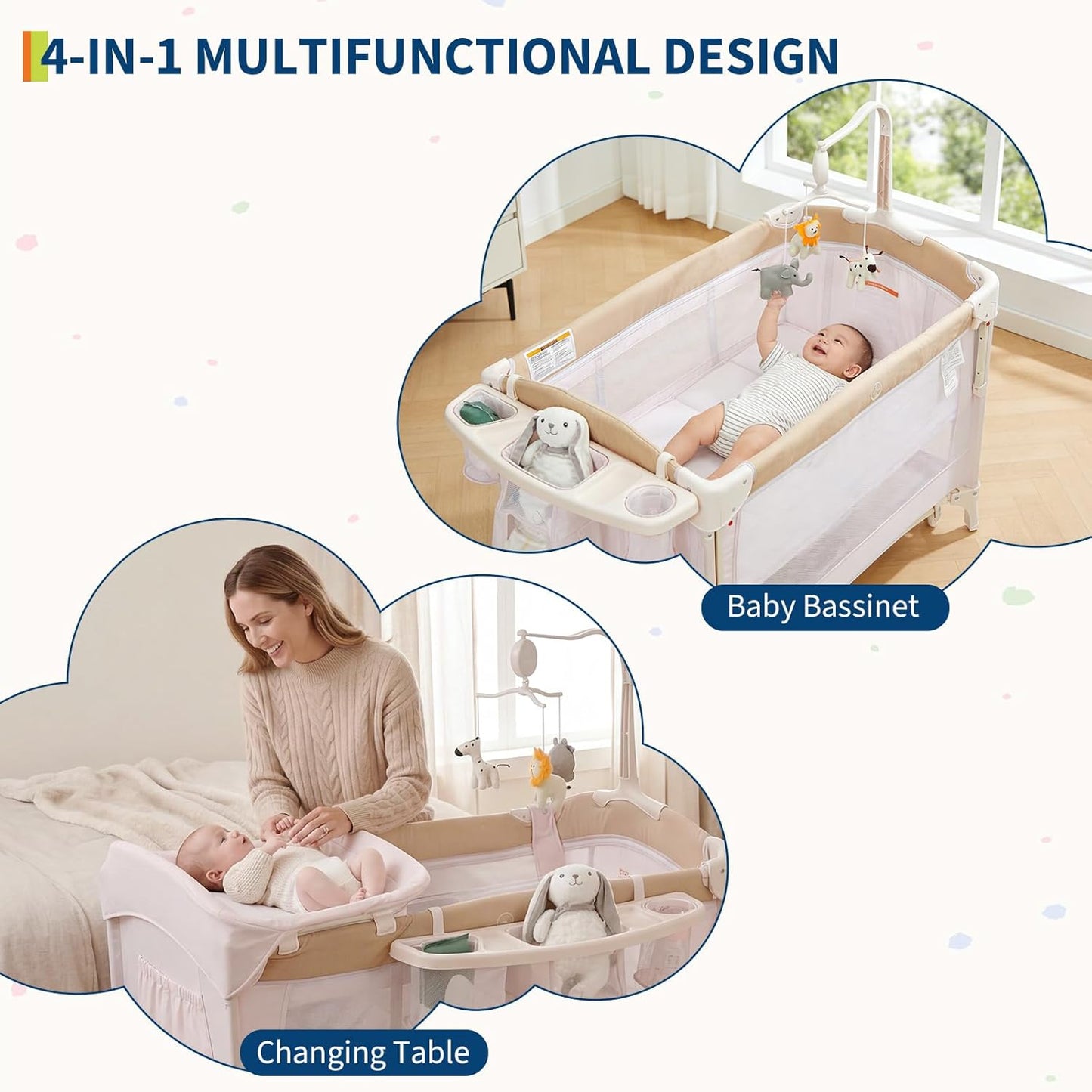 4 in 1 Baby Playard, Portable Bedside Crib with Rocking Bassinet & Diaper Changer, Infant Pack and Play with Mattress, Large Toddler Playpen, Newborn Changing Table, Storage Pocket & Rotating Toy Bar