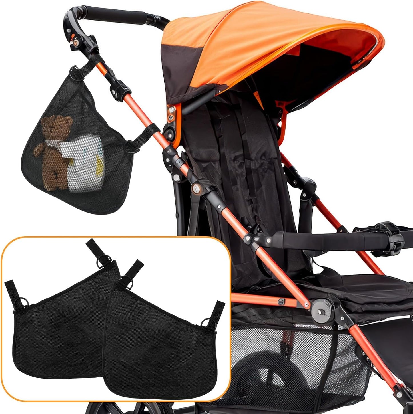 Qianyu 2 Pack Universal Side Sling Stroller, Cargo Net Portable Adjustable Strollers Storage Bag Black Organizer Mesh Bag with Non-Slip Straps to Increase Extra Stroller Storage Space