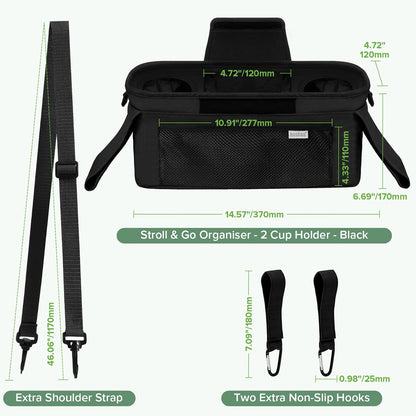 haakaa Universal Stroller Organizer - Black, Single Cup Holder, Stroller Caddy Accessories with Shoulder Strap & Extra Non-Slip Stroller Hook, Fits Most Strollers