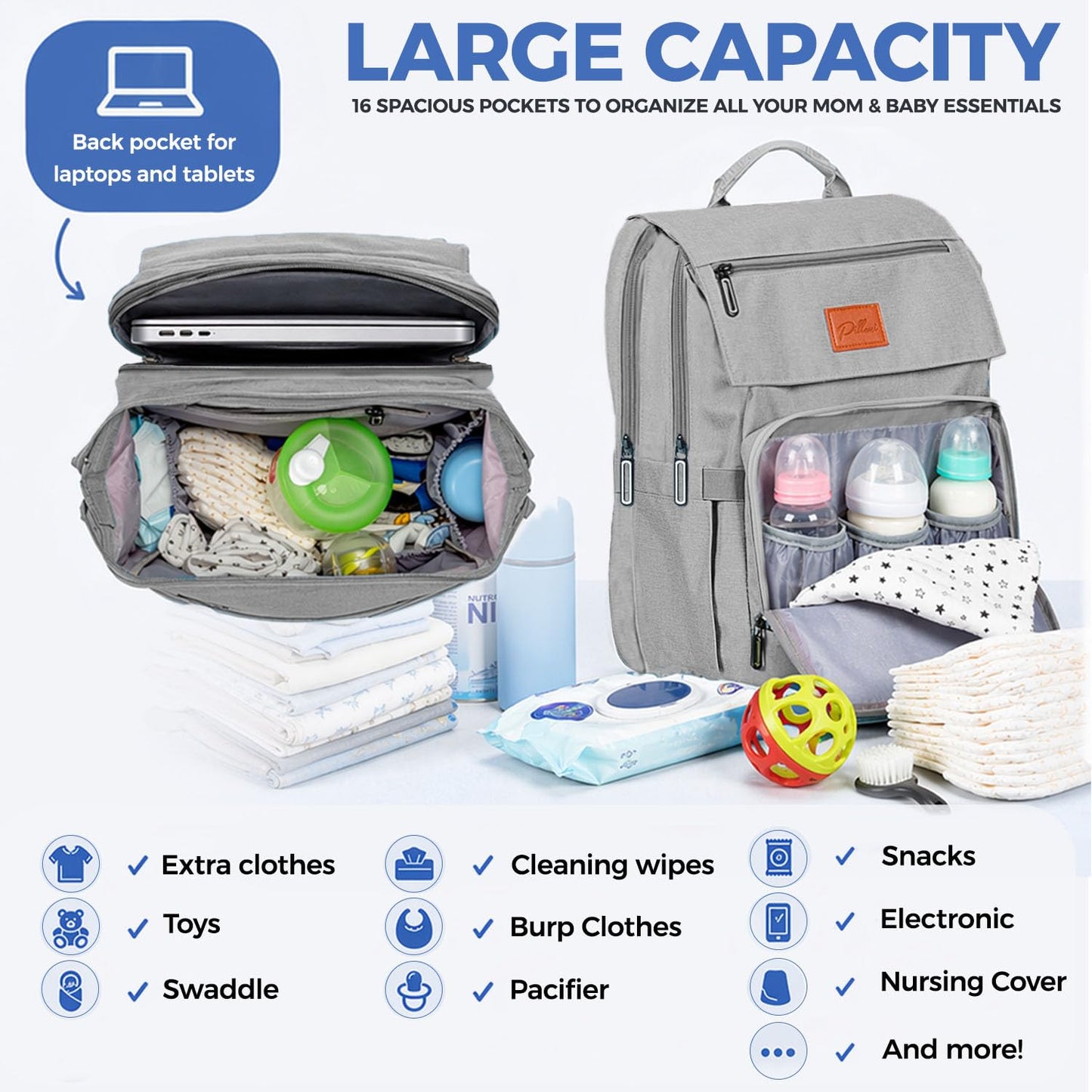 PILLANI Baby Diaper Bag Backpack - Large Waterproof Travel Diaper Bag for Boys & Girls, 16 Organizer Pockets with Changing Pad, Insulated Bottle Pockets & Stroller Straps, Baby Shower Gifts, Dinosaur