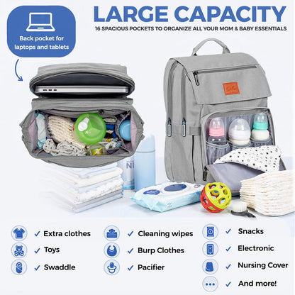 PILLANI Baby Diaper Bag Backpack - Large Waterproof Travel Diaper Bag for Boys & Girls, 16 Organizer Pockets with Changing Pad, Insulated Bottle Pockets & Stroller Straps, Baby Shower Gifts, Dinosaur