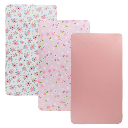 Onacosht Stretchy Bassinet Sheets 33" x 19" Compatible with Mika Micky, KoolaBaby (3 in 1), BabyBond, HARPPA and RICUTON Bedside Bassinet, 3 Pack for Baby Boy and Girl, Pink Floral