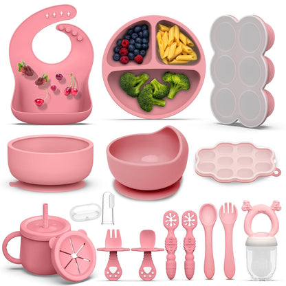 16 Pack Silicone Baby Feeding Set, BPA-Free Baby LED Weaning Supplies, Include Suction Plates, Baby Bowls, Silicone Fork & Spoon, and More, First Stage Baby Food Eating Utensils - 6+ Months(Blue, 16)
