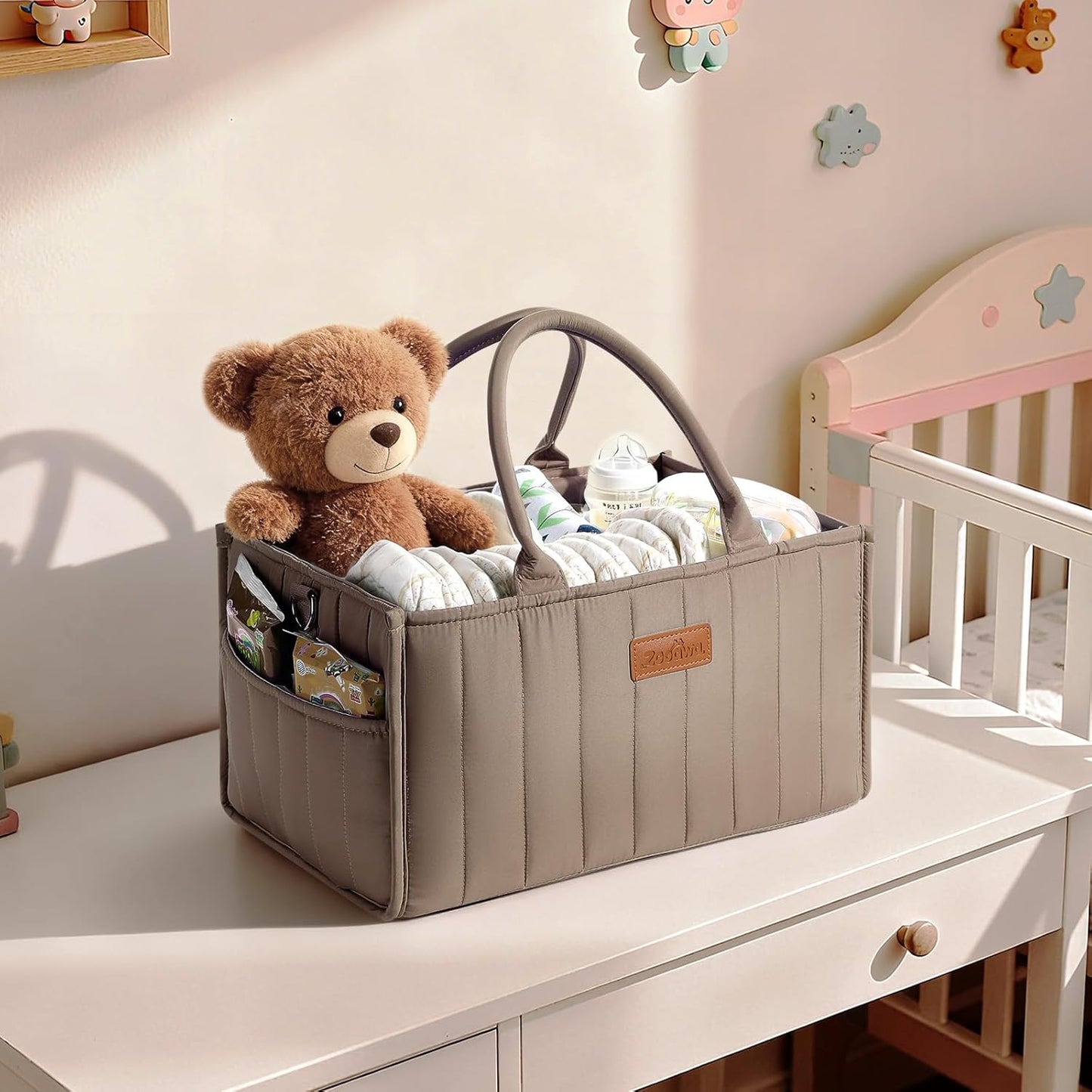 Zooawa Baby Diaper Caddy Organizer, Portable Nursery Storage Basket with Compartments, Handle & Shoulder Strap for Newborn Baby Essentials, Gift for Baby Shower, Nursery, Travel, Car, Matcha Green