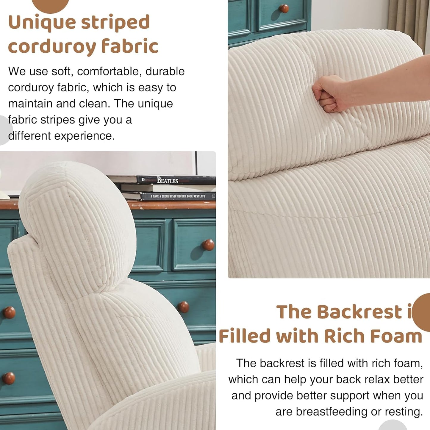 Swivel Rocker Recliner Chair, Rocking Recliner for Nursery with Side Pockets, Manual Swivel Reclining Nursery Glider Chair for Breastfeeding Living Room, Camel Chenille