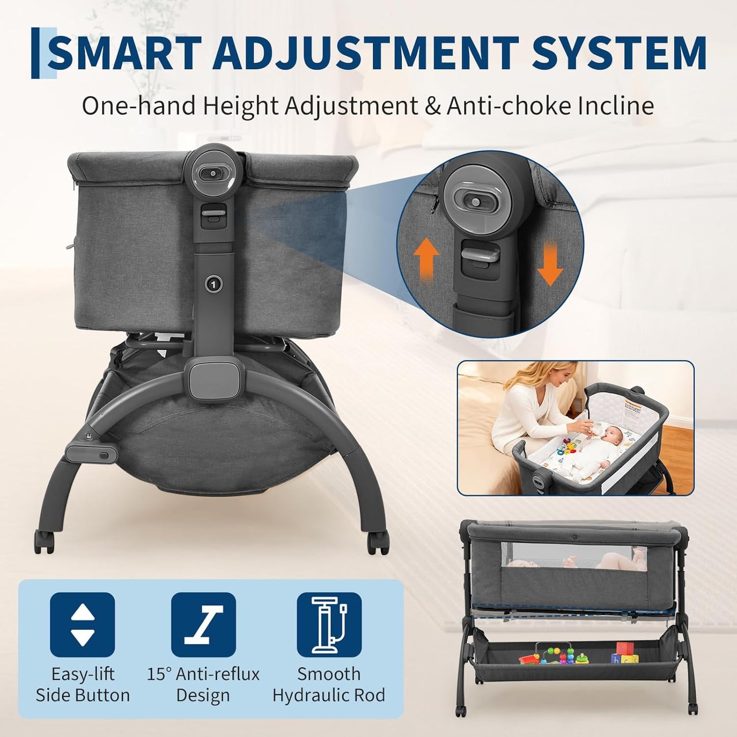 GarveeTech Bedside Bassinet Baby Bassinet for Baby, 3 in 1 Bedside Sleeper with Baby Co-Sleeper Travel Crib with Detachable Mosquito Net & Storage Basket | Adjustable Height, Wheels Included (Khaki)