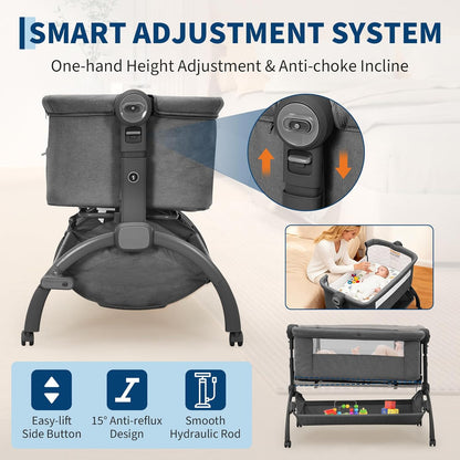 GarveeTech Bedside Bassinet Baby Bassinet for Baby, 3 in 1 Bedside Sleeper with Baby Co-Sleeper Travel Crib with Detachable Mosquito Net & Storage Basket | Adjustable Height, Wheels Included (Khaki)