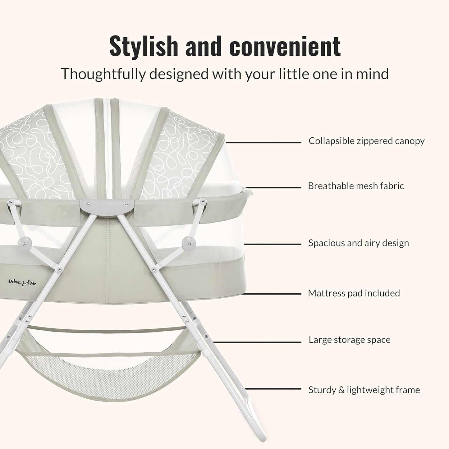 Dream On Me Karley Bassinet, Award Winner Lightweight Travel Baby Bassinet, Foldable Bedside Sleeper, Adjustable Double Canopy, Spacious Design, Soft Fabric, Storage Basket – Blue and Grey