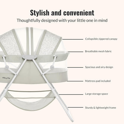 Dream On Me Karley Bassinet, Award Winner Lightweight Travel Baby Bassinet, Foldable Bedside Sleeper, Adjustable Double Canopy, Spacious Design, Soft Fabric, Storage Basket – Blue and Grey