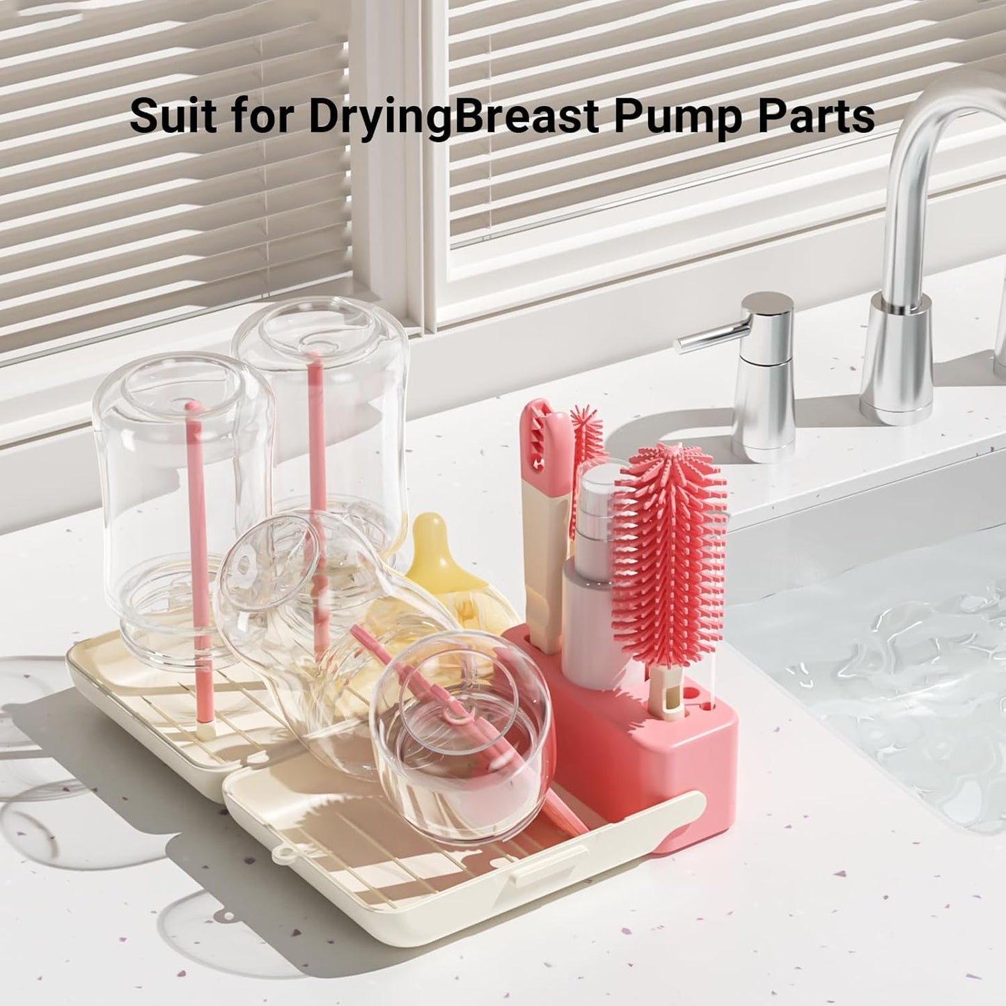 Aynmer Baby Bottle Brush, 10 in 1 Travel Baby Bottle Cleaner Brush Set with Silicone Brush, Nipple Brush, Straw Brush, Soap Dispenser, Portable Drying Rack, Breast Pump & Bottle Cleaning Kit - Pink