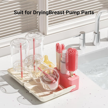 Aynmer Baby Bottle Brush, 10 in 1 Travel Baby Bottle Cleaner Brush Set with Silicone Brush, Nipple Brush, Straw Brush, Soap Dispenser, Portable Drying Rack, Breast Pump & Bottle Cleaning Kit - Pink