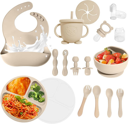 Baby Led Weaning Supplies, 17 Piece BPA-Free Silicone Feeding Set, Eating Essentials Baby Utensils with Suction Plate and Bowl, Pocket Bib, Sippy Cup with Lid, for 6+ Months, Blue
