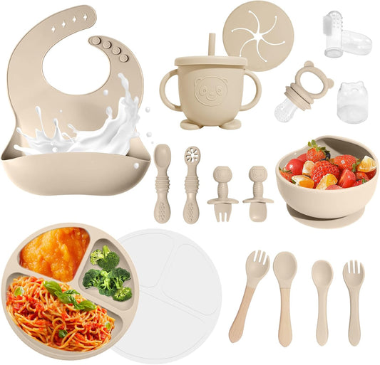 Baby Led Weaning Supplies, 17 Piece BPA-Free Silicone Feeding Set, Eating Essentials Baby Utensils with Suction Plate and Bowl, Pocket Bib, Sippy Cup with Lid, for 6+ Months, Blue