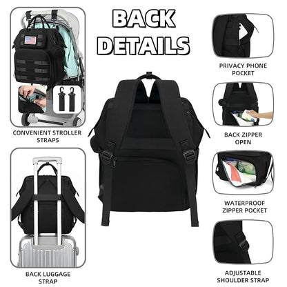 ROSEGIN Diaper Bag Backpack for Dad and Men, Large Travel Baby Bag with Changing Pad, Pacifier Case, Removable Flag Patch - Baby Shower Gifts - Shadow Black