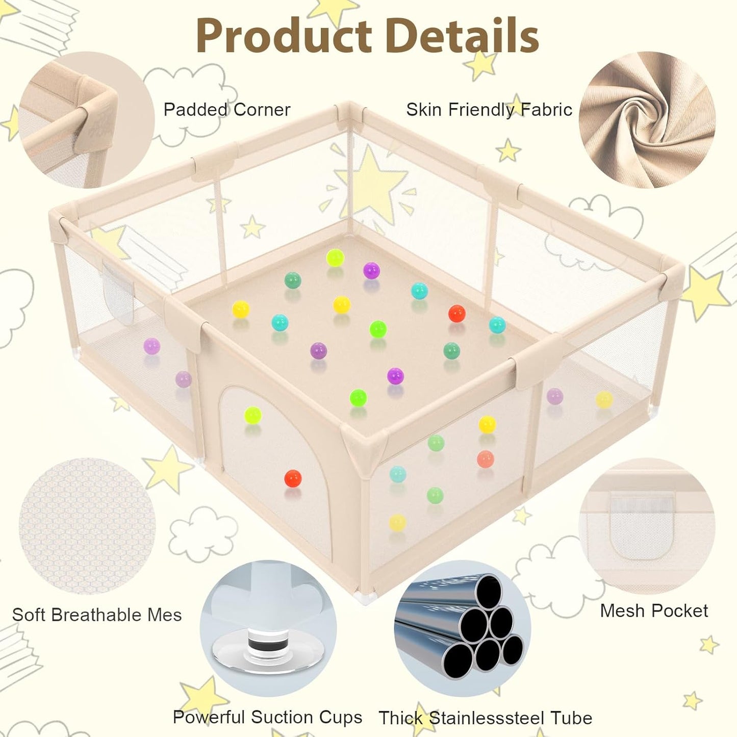 Baby Playpen with Mat 79x71inch - Extra Large Play Pen for Babies and Toddlers Indoor & Outdoor Baby Playard with Soft Breathable Mesh Cover - Sturdy Foam Infant Gate Playpen(Apricot)