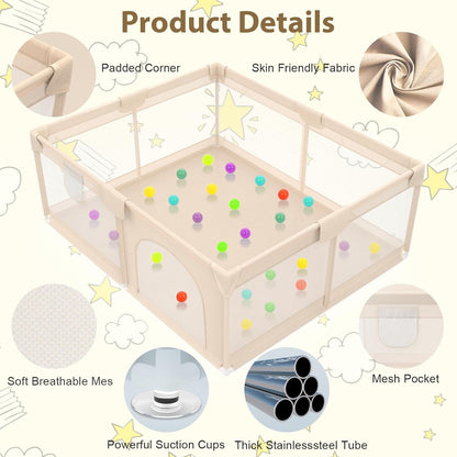 Baby Playpen with Mat 79x71inch - Extra Large Play Pen for Babies and Toddlers Indoor & Outdoor Baby Playard with Soft Breathable Mesh Cover - Sturdy Foam Infant Gate Playpen(Apricot)