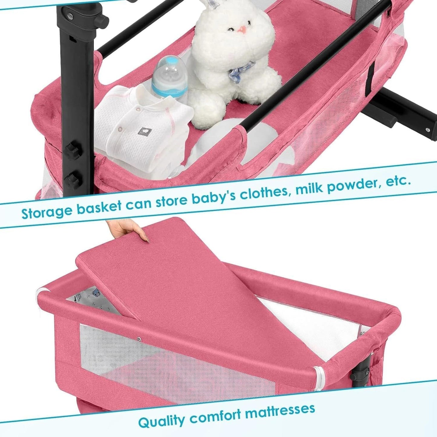 Baby Bassinets Bedside Sleeper, 3 in 1 Baby Bassinet, Adjustable Easy Folding Portable Bed, with Mosquito Nets, Large Storage Bag, Comfortable Mattresses, for Infant/Baby/Newborn (Gray)