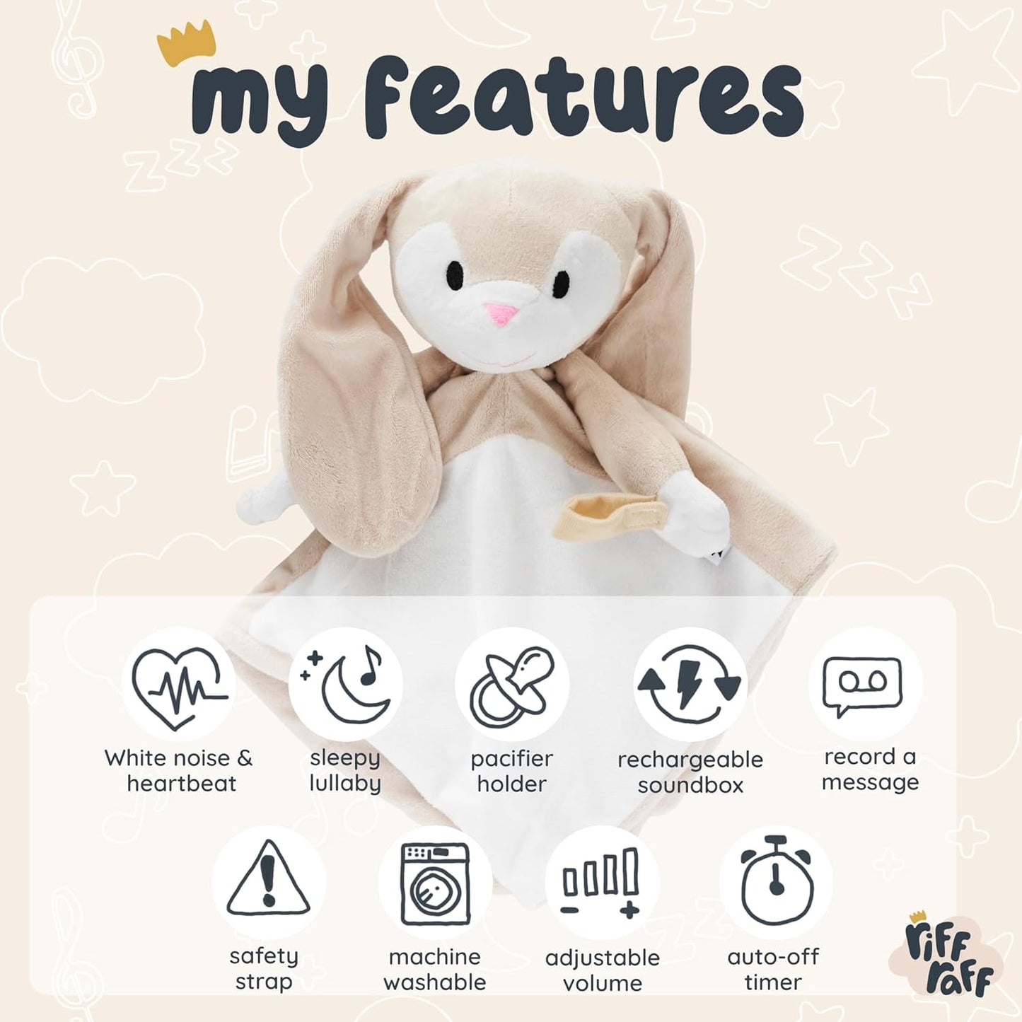 Riff Raff Baby Sleep Toy Soother - Musical Plush Fox with White Noise & Lullaby - Lovey Security Blanket for Newborns & Infants