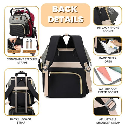 ROSEGIN Diaper Bag Backpack with Changing Pad, Pacifier Case, Baby Bag for Boy Girl Toddler - Large, Stylish, Waterproof Travel Quilted Diaper Bag for Mom - Baby Shower - Black Grey