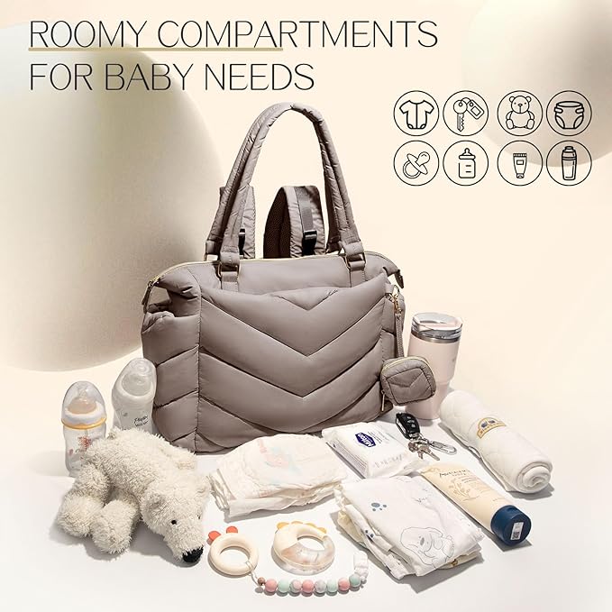 Diaper Bag Tote, Diaper Bag Backpack,Puffer Tote Bag with Pacifier Case, Lightweight Mommy for Hospital, Puffy with 10 Pockets, Convertible Baby for Travel,Khaki