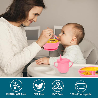 100% Silicone Baby Feeding Set, BPA Free Baby Dishes with Suction Bowl, Divided Plate, Toddler Self Feeding Dish Set with Spoons, Forks, Sippy Cup and Bib, Baby Eating Utensils (Navy Blue)
