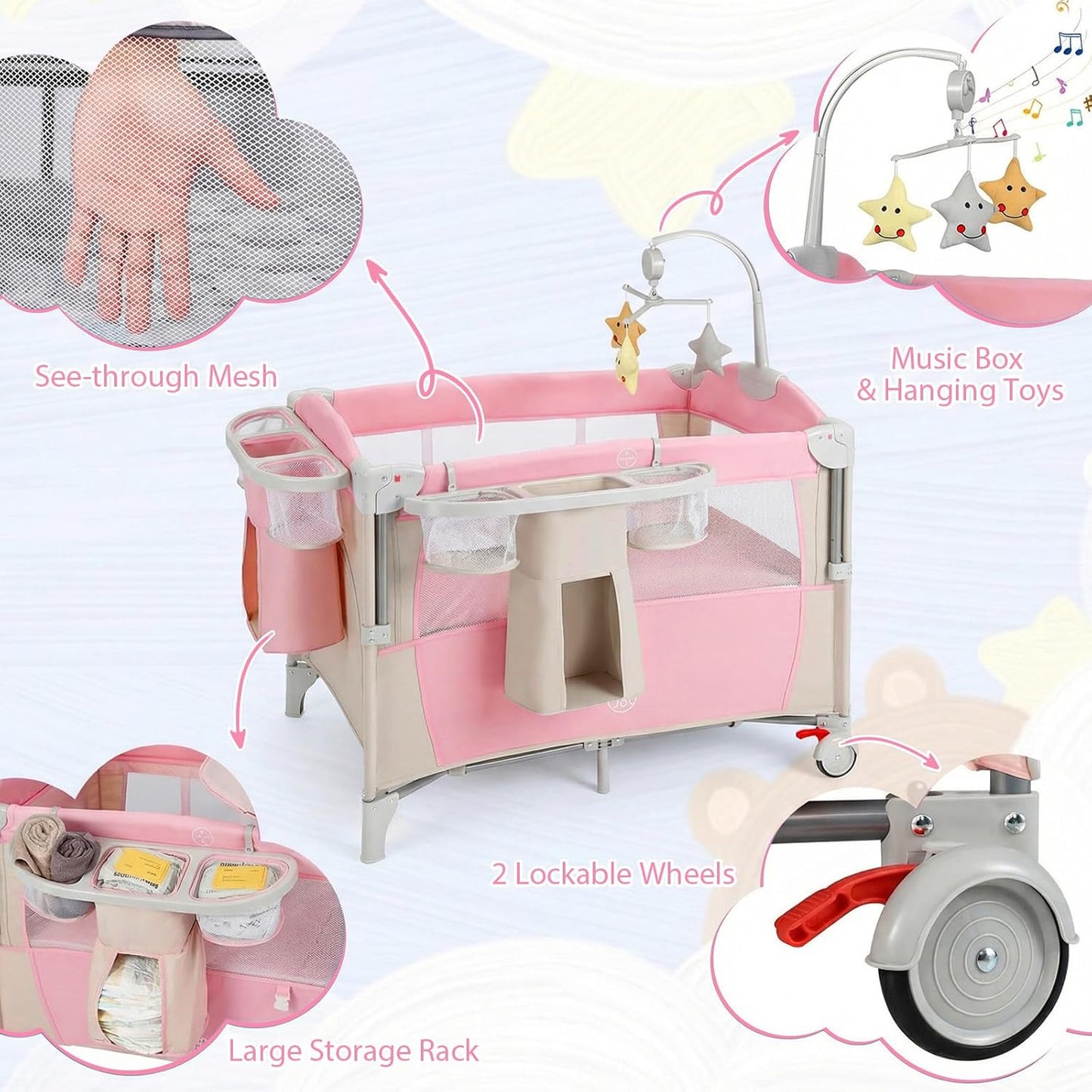 BABY JOY 5-in-1 Pack and Play, Portable Baby Bedside Sleeper with Bassinet, U-Shaped Diaper Changer, Safety Strap, Side Zipper Entrance, Hangings, Bedside Crib Playard from Newborn to Toddlers (Gray)