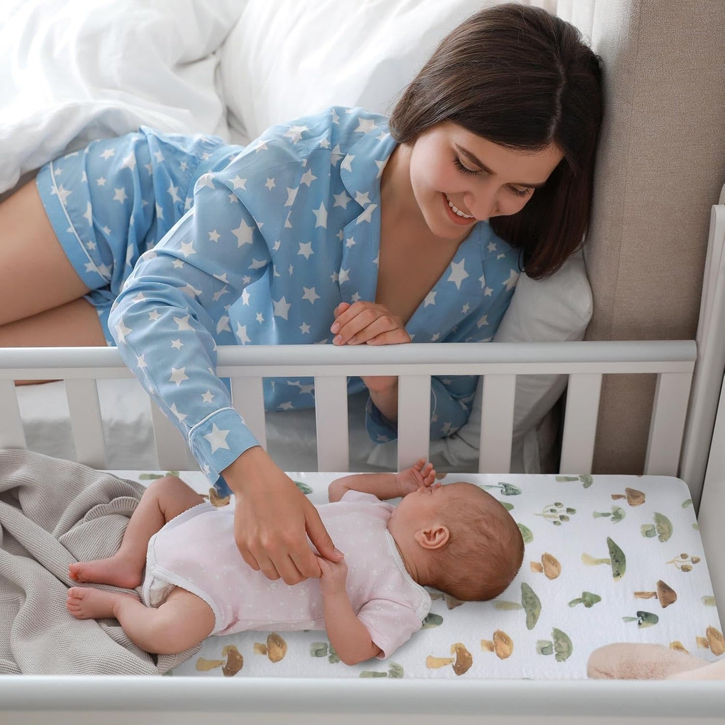LifeTree Crib Sheets for Baby Unisex - Muslin Fitted Crib Sheets Toddler Bed Sheet, 70% Viscose from Bamboo and 30% Cotton, Fits Mini Crib & Pack and Play Playard, Bear, 26in x 38in