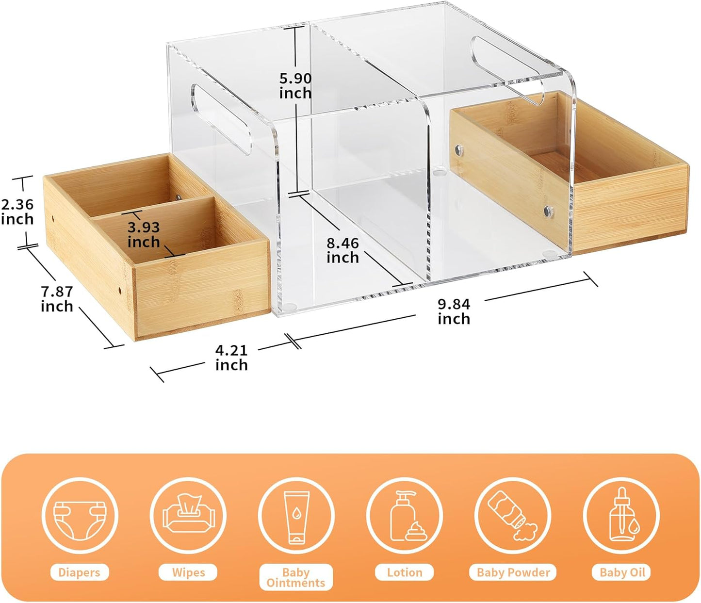 Acrylic Diaper Caddy, Changing Table Organizer with Handle & 3 Wooden Compartments, Storage for Wipe Dispenser, Baby Organizers and Storage, Perfect for Diapers Wipes Creams, Clear