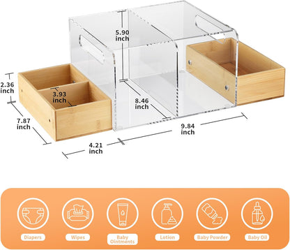 Acrylic Diaper Caddy, Changing Table Organizer with Handle & 3 Wooden Compartments, Storage for Wipe Dispenser, Baby Organizers and Storage, Perfect for Diapers Wipes Creams, Clear