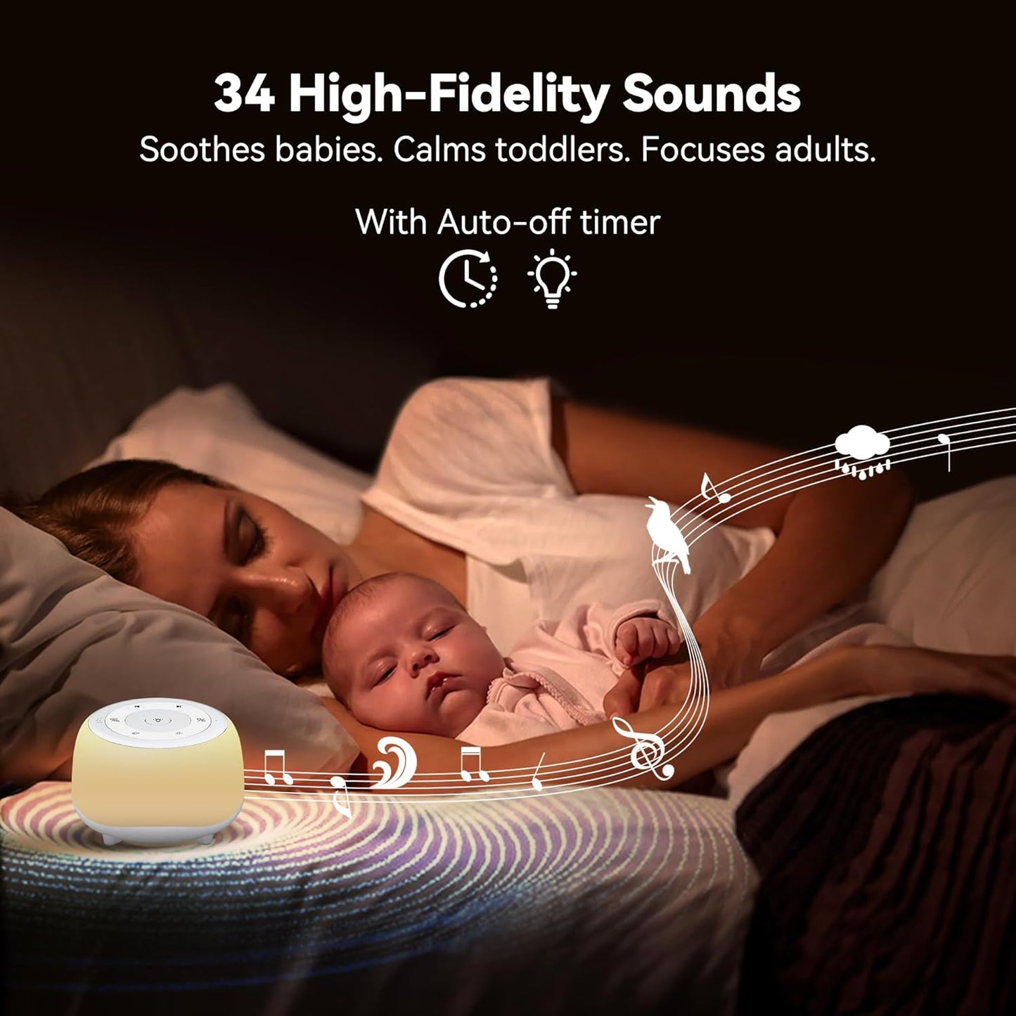 HEYAXA White Noise Sound Machine with 7 Colors Night Light 34 Soothing Sounds, Portable Sound Machine for Baby Adults Kids Sleep with 30 Volume Levels 4 Timers Adjustable Brightness (Wood Grain)