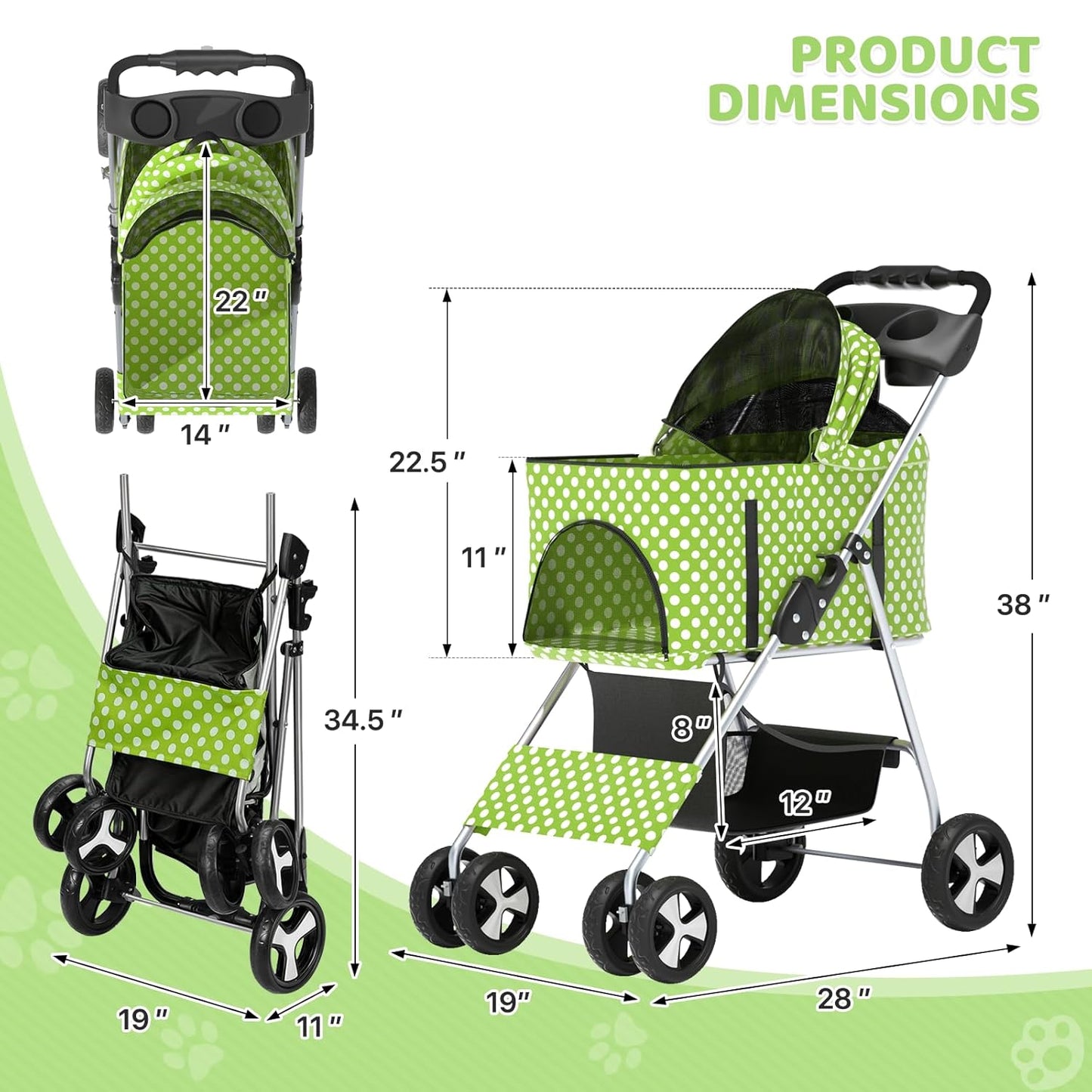 Magshion Compact Pet Stroller for Small-Medium Dogs/Cats up to 22lbs, 4-Wheel Lightweight Umbrella Shaped Portable Puppy Travel Jogger with Breathable Mesh, Cup Holder & Rear Storage, Black