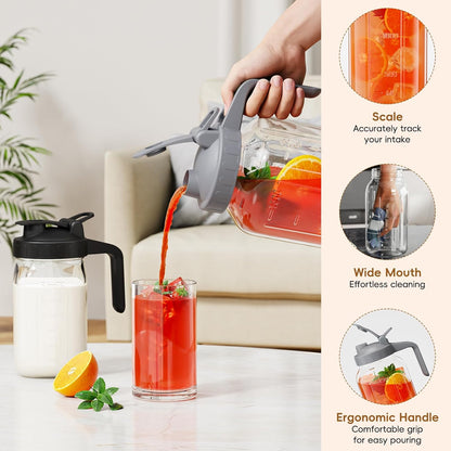 JunVpic Breast Milk Pitcher - 32 oz Glass Mason Jar with Dual Leak-Proof Design, Airtight Seal, Pour Spout & Handle, Storage Container for Breastmilk, Iced Tea & Ice Drinks（Gray）