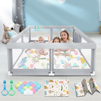 Fshibila 74" ×50" Large Baby Playpen, Baby Playard for Babies and Toddlers, Baby Fence Play Pens for Indoor & Outdoor, Sturdy Safety Play Yard with Soft Breathable Mesh, Anti-Fall, Grey