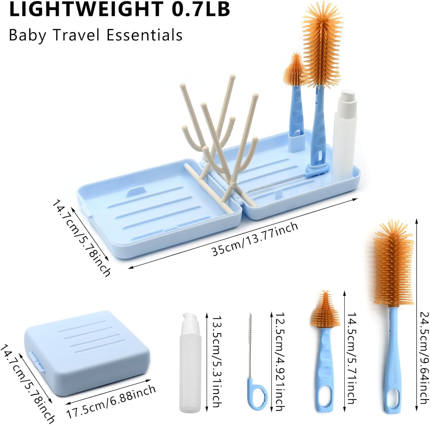 Portable Baby Bottle Brush Kit Premium Silicone Bottle Cleaner Brush, Nipple Brush, Straw Brush, Soap Dispenser, Bottle Drying Rack, and a Storage Organizer Case for Both Home and Travel Uses (White)