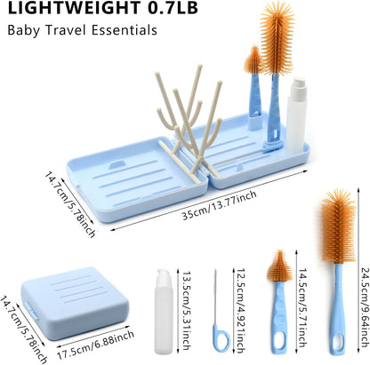 Portable Baby Bottle Brush Kit Premium Silicone Bottle Cleaner Brush, Nipple Brush, Straw Brush, Soap Dispenser, Bottle Drying Rack, and a Storage Organizer Case for Both Home and Travel Uses (White)