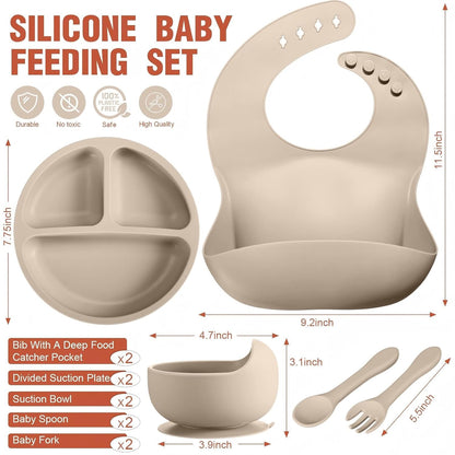 10 Pack Silicone Baby Feeding Set, Toddlers Led Weaning Feeding Supplies with Suction Baby Bowl Divided Plate Adjustable Bib Soft Silicone Spoon Fork, Infant Self Eating Utensil Set (Gray, Khaki)