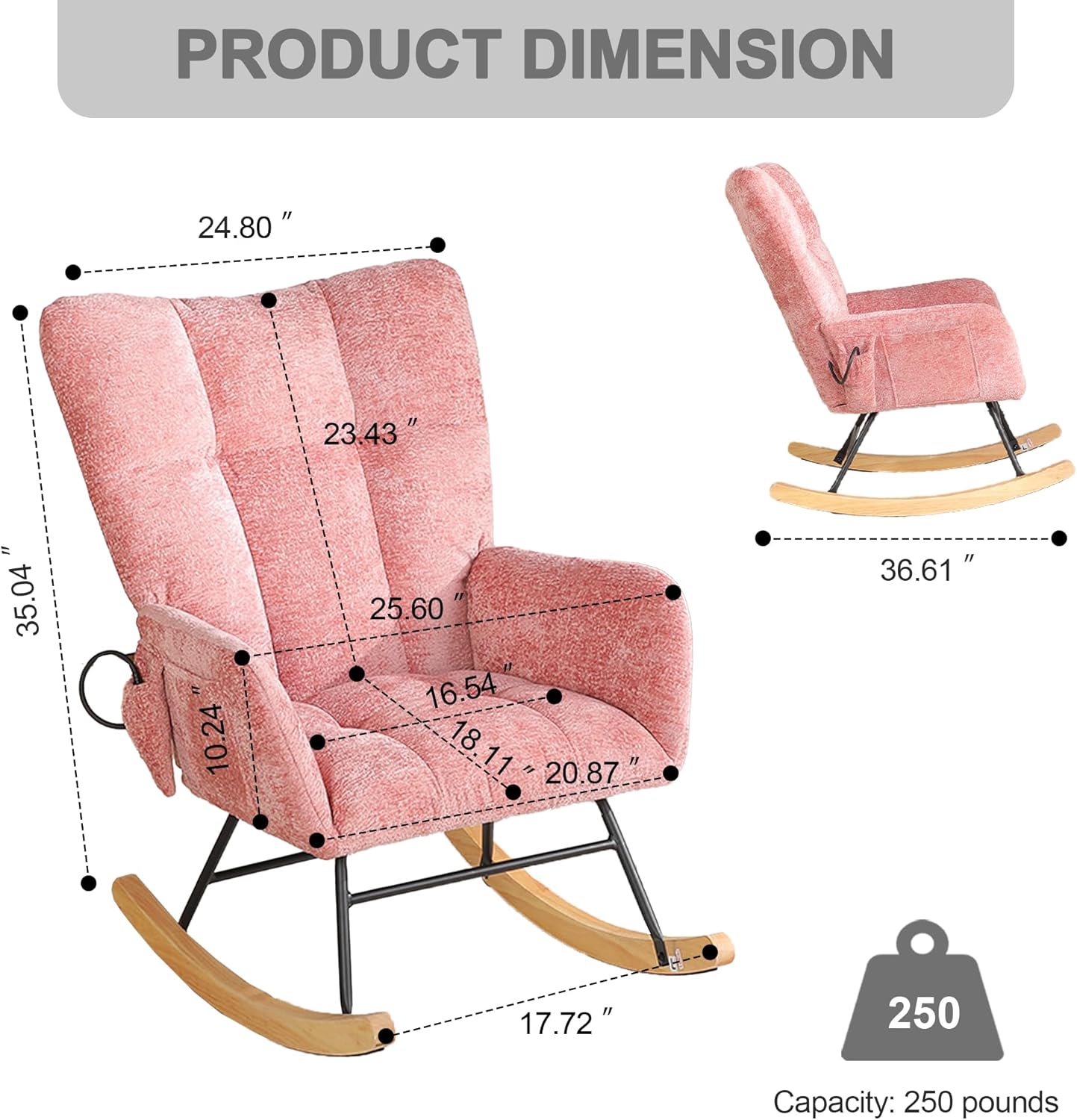 Rocking Chair Nursery with Airbag, Comfy Modern Nursery Rocking Reading Chair indoor with Footrest, Cozy Upholstered Glider Rocker Chairs for Living Room Bedroom Offices(Chenille, Dark Grey)