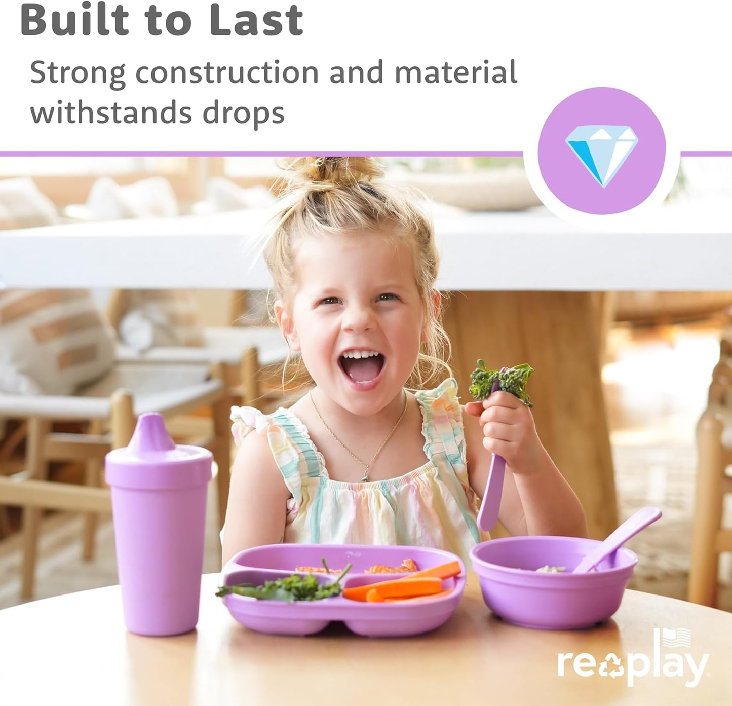 Re-Play Toddler Plates with Dividers - Deep-Walled 3 Compartments Divided Plates for Kids - Dishwasher & Microwave Safe - Made in USA - Set of 3-7.37" x 7.37" x 1.25" - Beach Baby