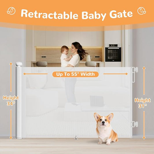 Retractable Baby Gate - 55" Wide x 34" Tall Retractable Mesh Gate with Anti-Crawl Hook, Adjustable Baseboard Bracket, Pet Gate for Stairs and Doorways, Hallways, Kitchen, White