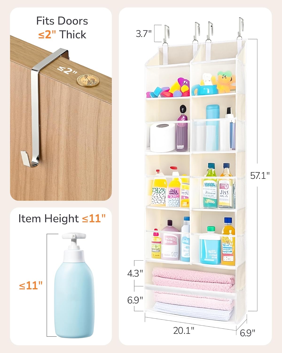 ULG 1 Pack Over Door Organizer with 5 Large and 10 Mesh Side Pockets, 44 lbs Weight Capacity Hanging Storage with Clear Window Kids Toys, Shoes, Diapers, Dark Grey, 5 Layers
