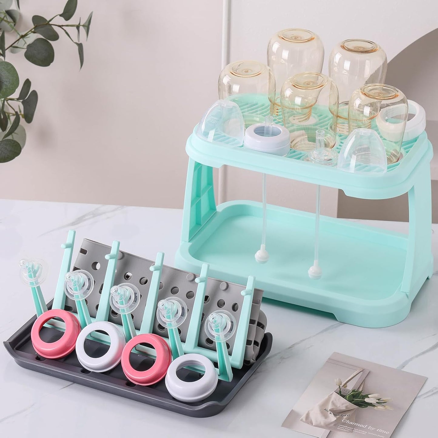Baby Bottle Drying Rack，Travel Baby Bottle Drying Rack Set, Cleaner Kit with Silicone Bottle Brush,Straw Brush, Suitable for Home use or Traveling with Babies (Coffee Color)
