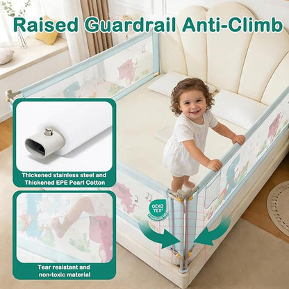 Bed Rail for Toddlers Twin, Full, Queen, King & Cal kingMattress Size | Swing Down Rail Guard | Mattress Side Rail for Kids (Blue Dinosaur, (1 Side) 36 Inch)